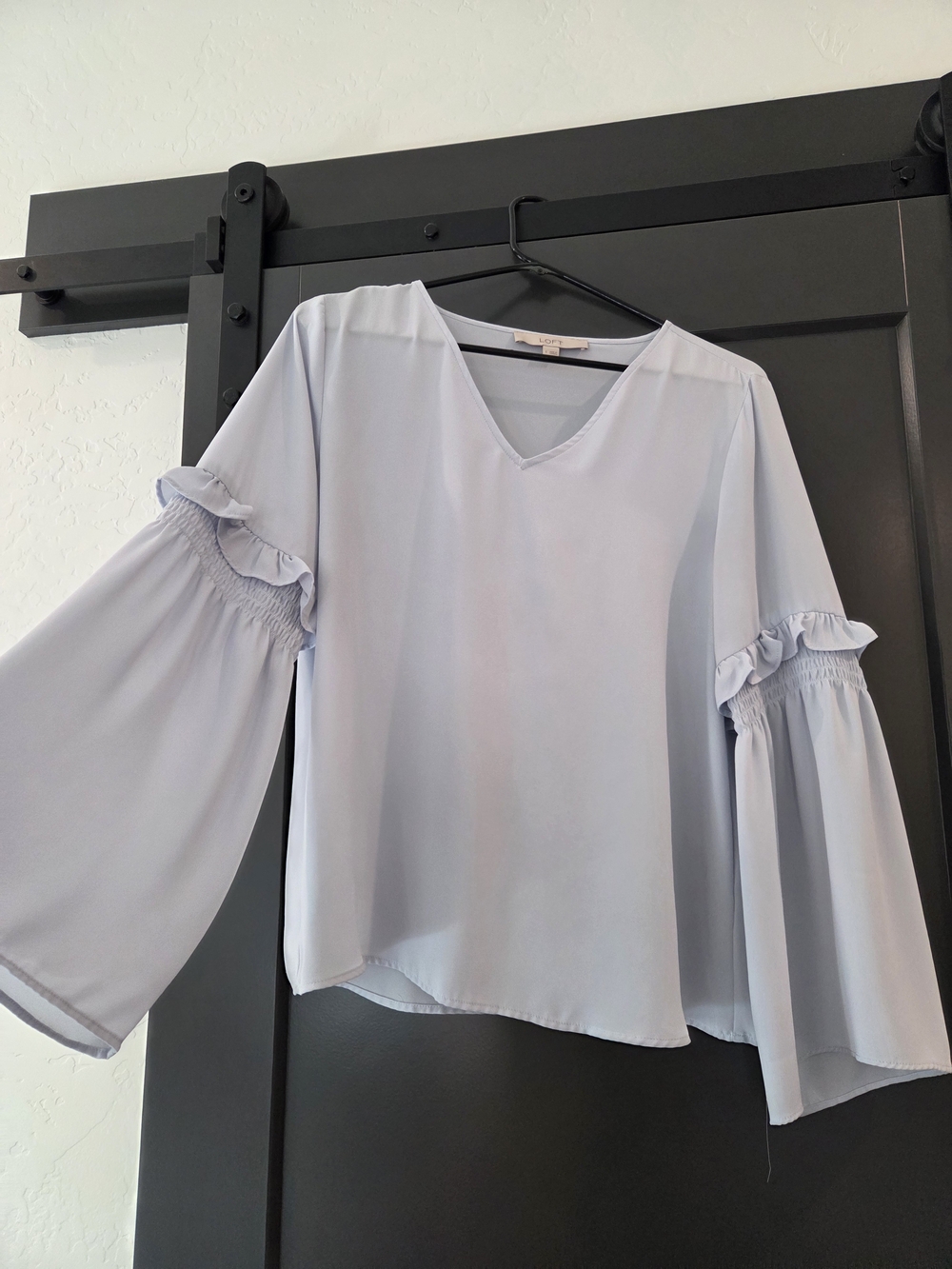 LOFT Pale Blue V-Neck Ruffle Bell Sleeve Blouse